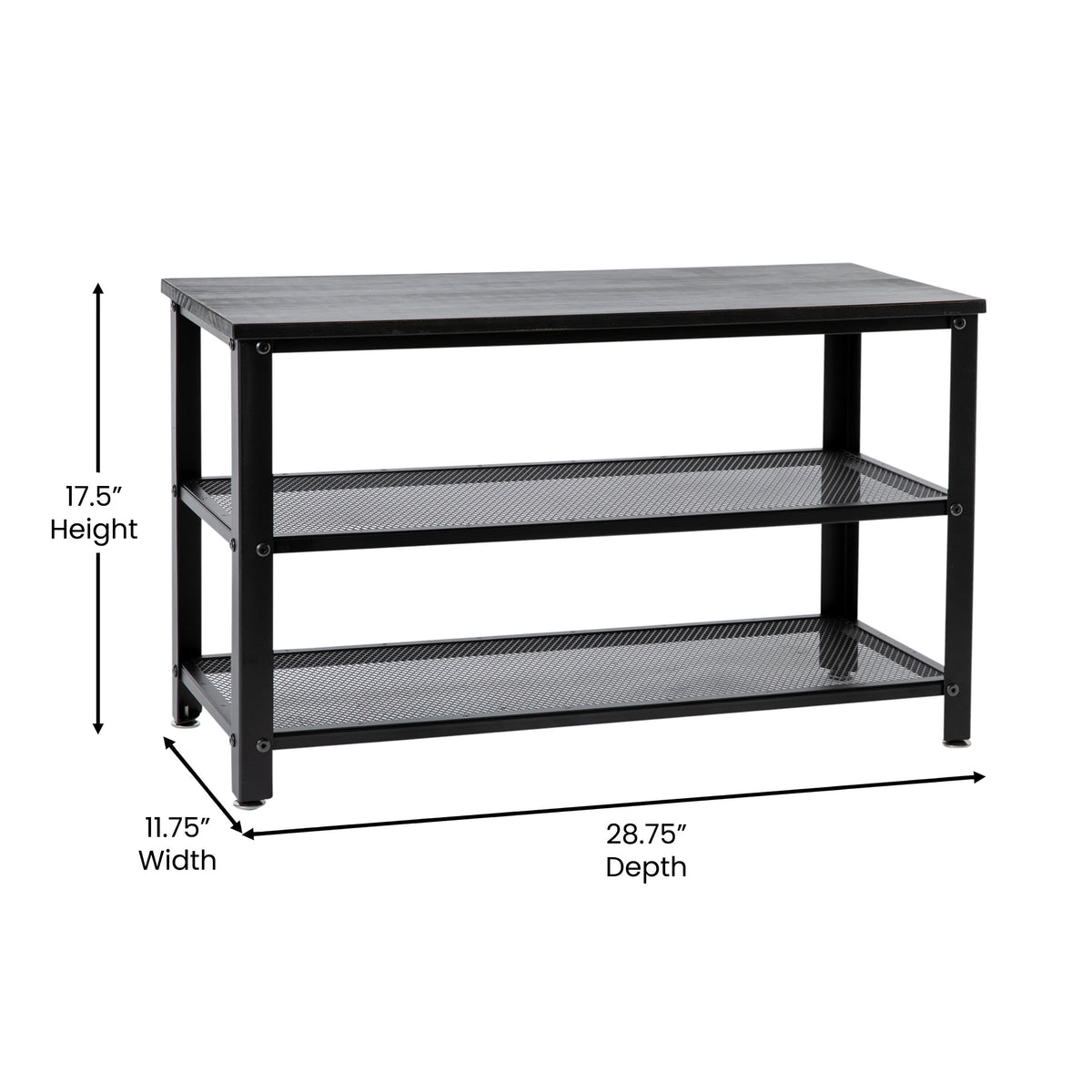 Black Wash |#| 3-Tier Entryway Bench with Mesh Metal Shoe Storage Shelves in Blackwash