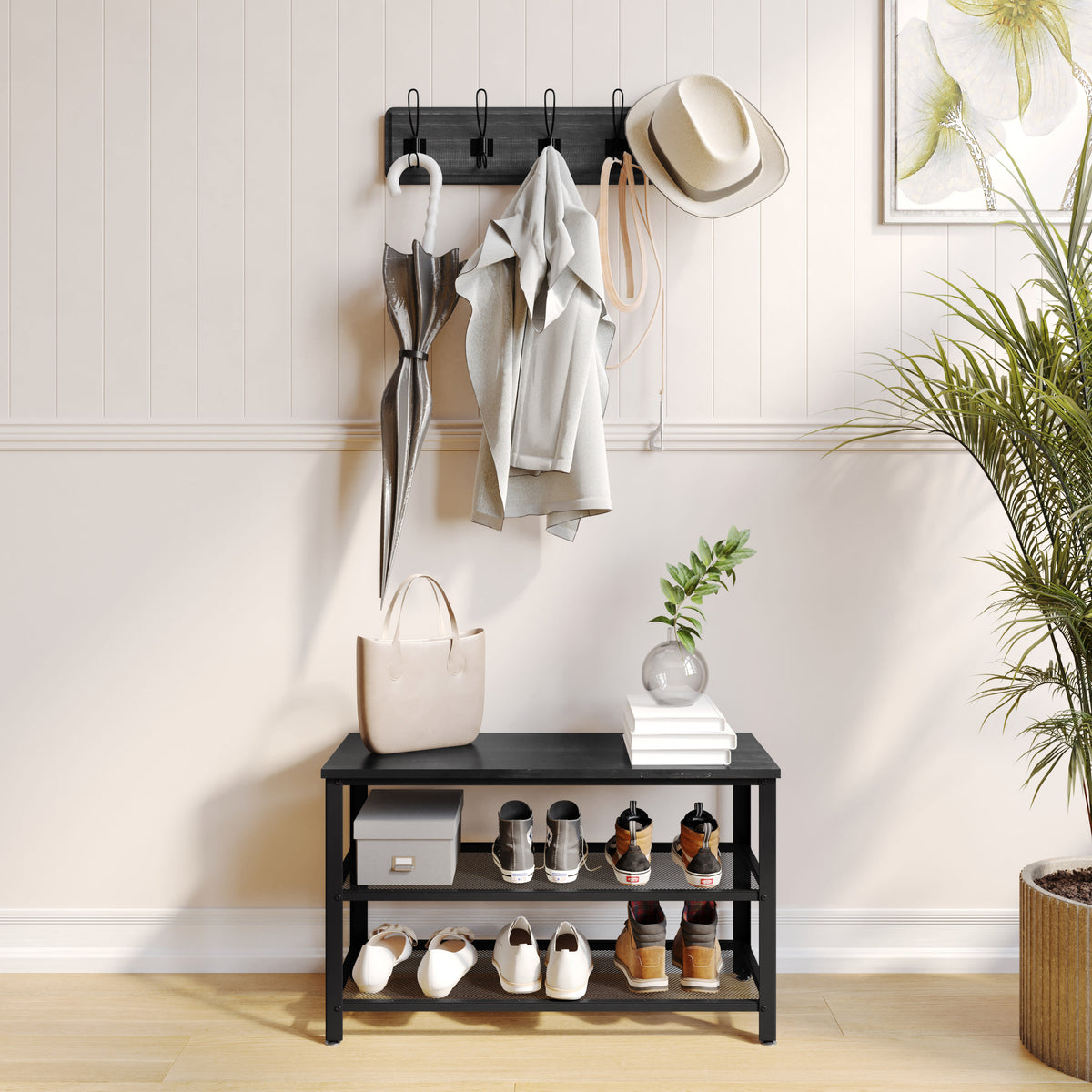 Black Wash |#| 3-Tier Entryway Bench with Mesh Metal Shoe Storage Shelves in Blackwash