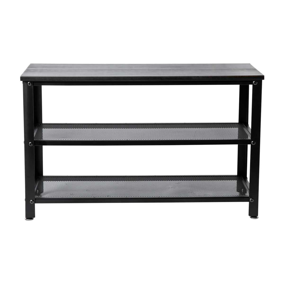 Black Wash |#| 3-Tier Entryway Bench with Mesh Metal Shoe Storage Shelves in Blackwash