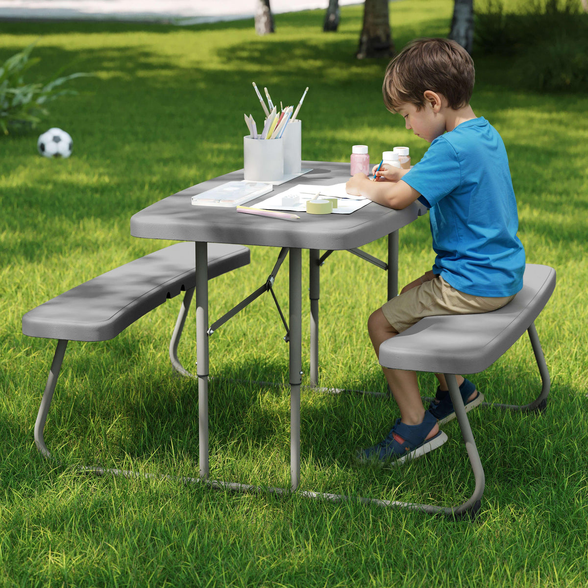 Gray |#| Indoor/Outdoor Commercial Grade Kids Gray Folding Picnic Table with Benches