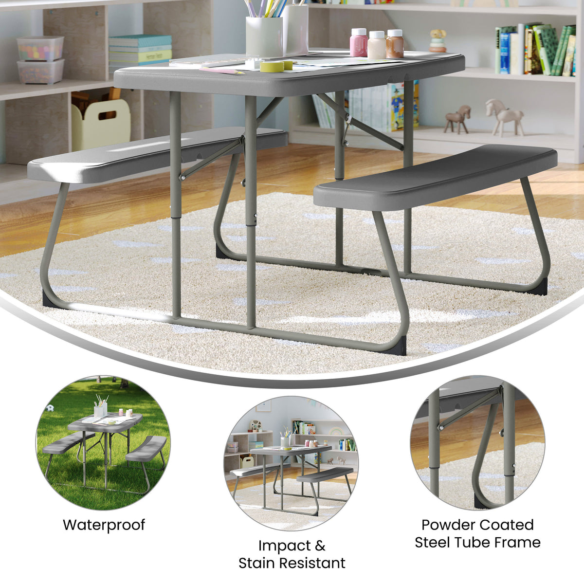 Gray |#| Indoor/Outdoor Commercial Grade Kids Gray Folding Picnic Table with Benches