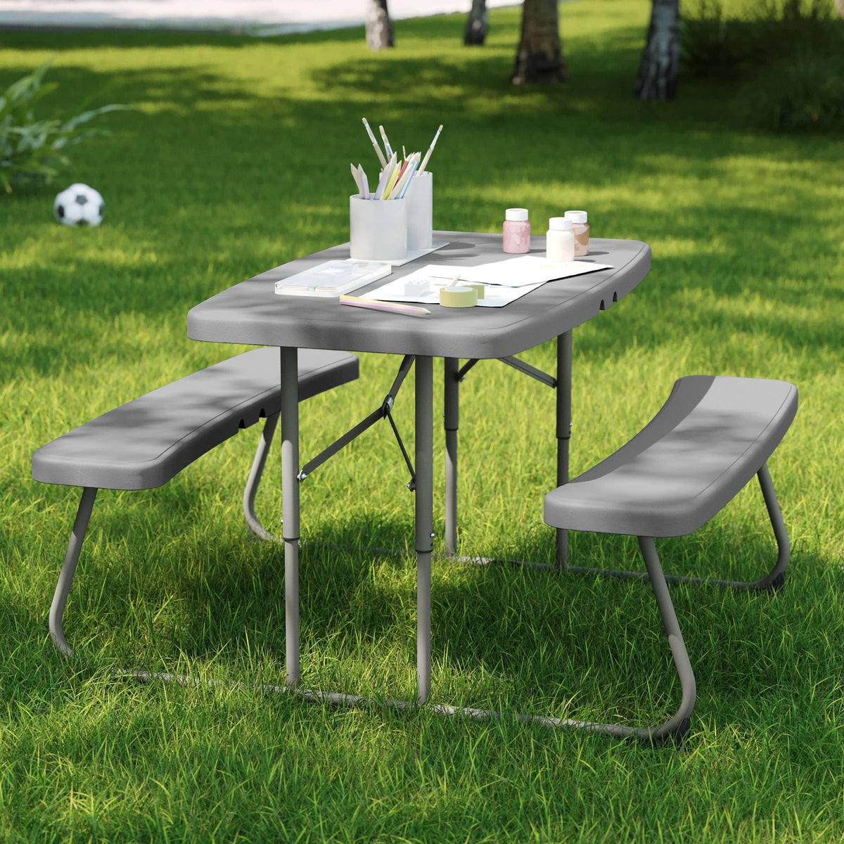 Gray |#| Indoor/Outdoor Commercial Grade Kids Gray Folding Picnic Table with Benches