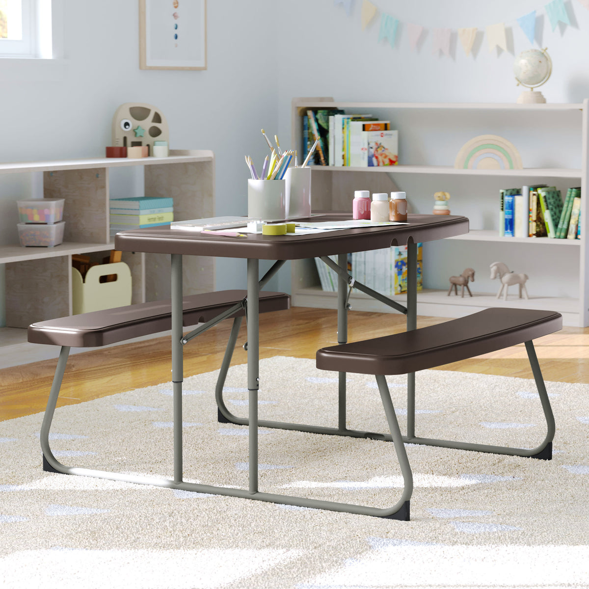 Brown |#| Indoor/Outdoor Commercial Grade Kids Brown Folding Picnic Table with Benches