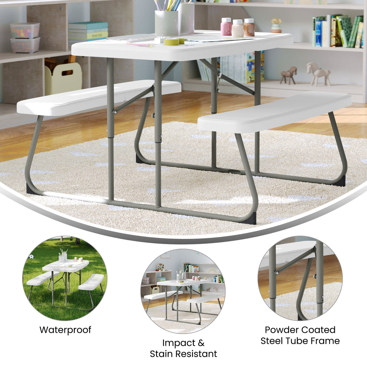 White |#| Indoor/Outdoor Commercial Grade Kids White Folding Picnic Table with Benches