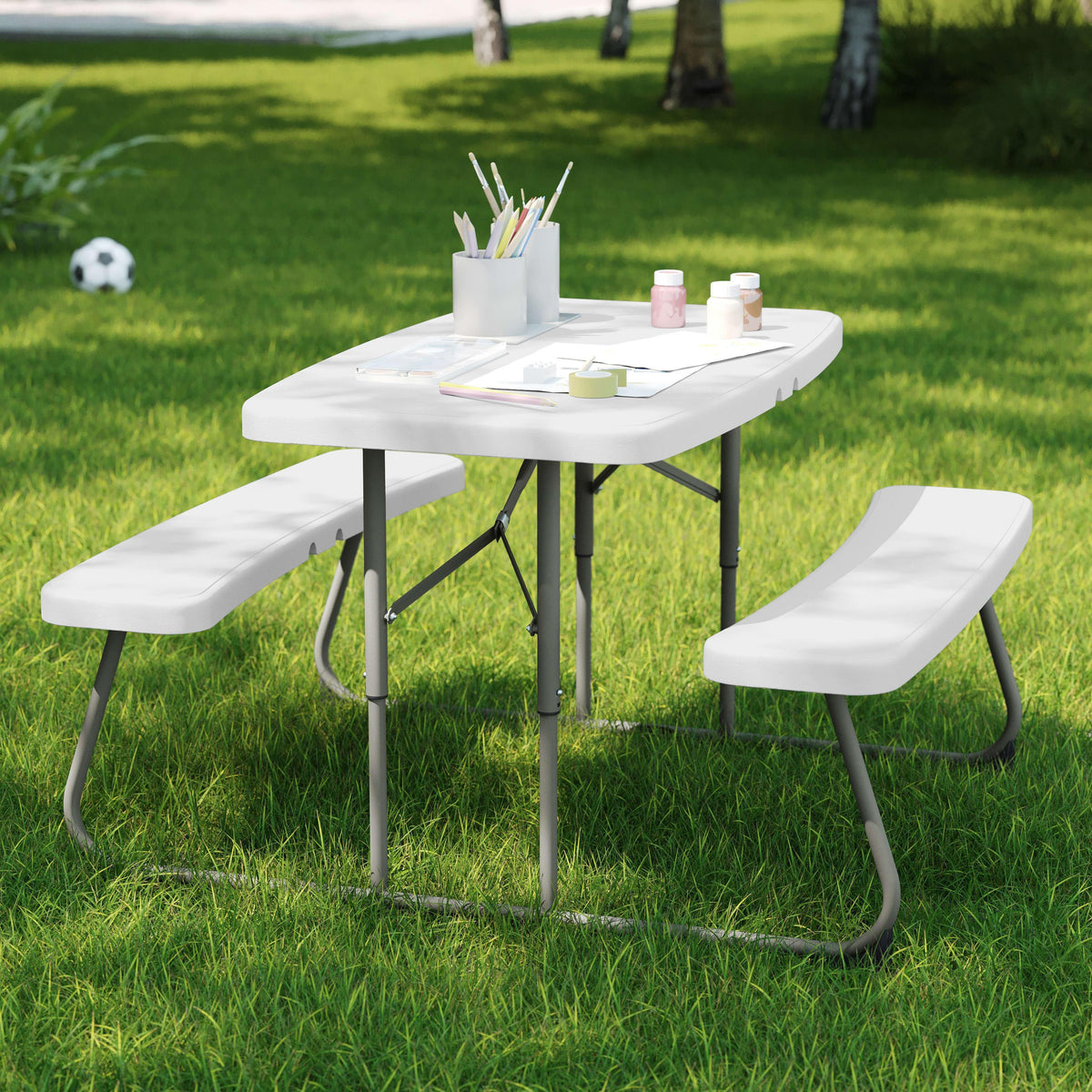 White |#| Indoor/Outdoor Commercial Grade Kids White Folding Picnic Table with Benches