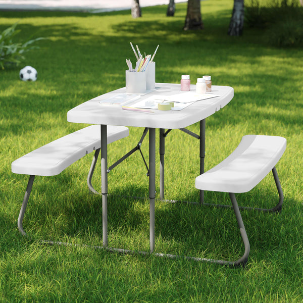 White |#| Indoor/Outdoor Commercial Grade Kids White Folding Picnic Table with Benches