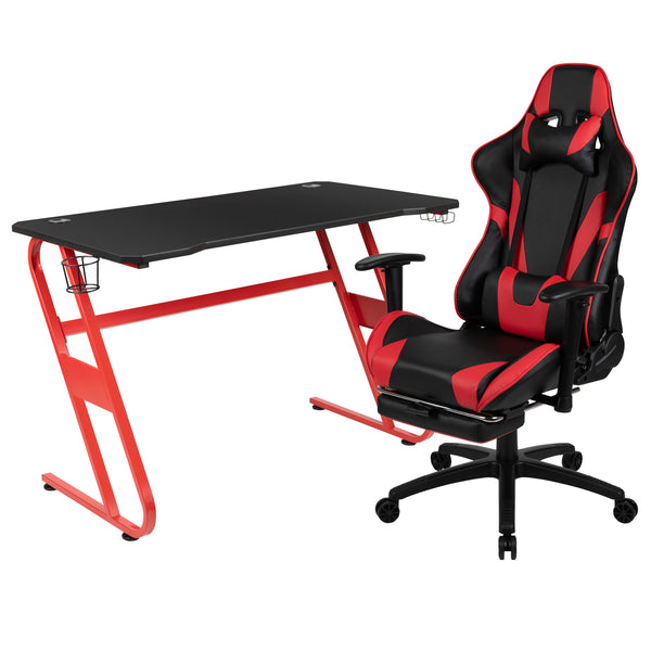 Reclining Gaming Chair with Footrest & Desk with Cupholder - Red & Black
