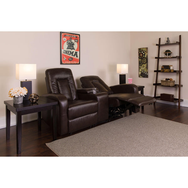 Brown |#| 2-Seat Push Button Motorized Reclining Brown LeatherSoft Seating Unit