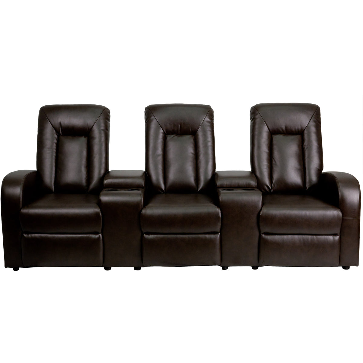 Brown |#| 3-Seat Push Back Reclining Brown LeatherSoft Theater Seating Unit w/Cup Holders