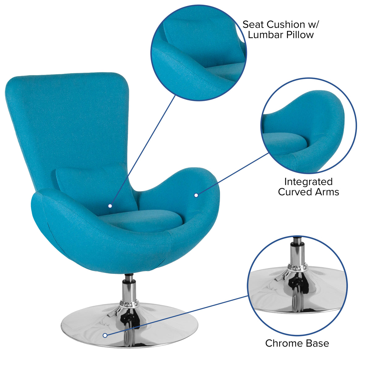 Aqua Fabric |#| Aqua Fabric Swivel Side Reception Chair with Bowed Seat - Guest Seating