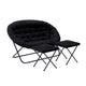Black Fabric/Black Frame |#| Double Folding Faux Fur Saucer Chair with 2 Ottomans - Black/Black