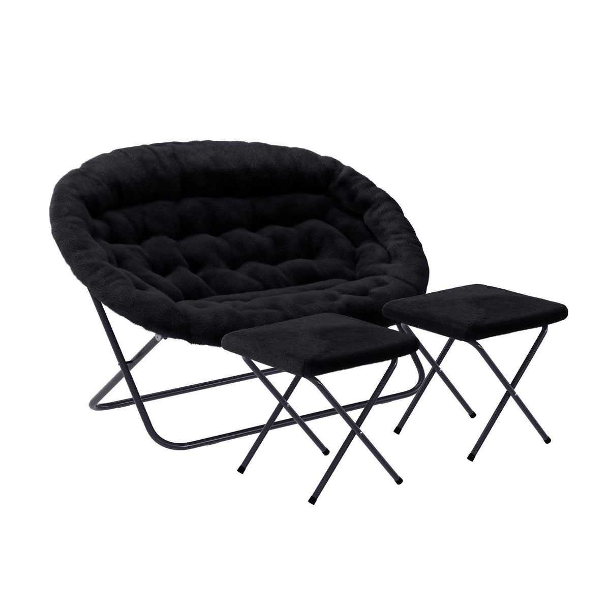 Black Fabric/Black Frame |#| Double Folding Faux Fur Saucer Chair with 2 Ottomans - Black/Black