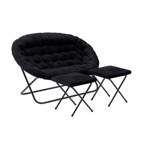 Black Fabric/Black Frame |#| Double Folding Faux Fur Saucer Chair with 2 Ottomans - Black/Black