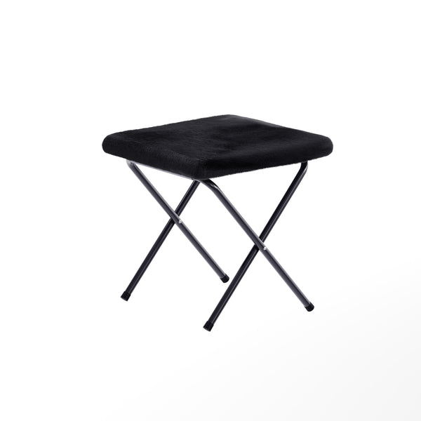 Black Fabric/Black Frame |#| Double Folding Faux Fur Saucer Chair with 2 Ottomans - Black/Black