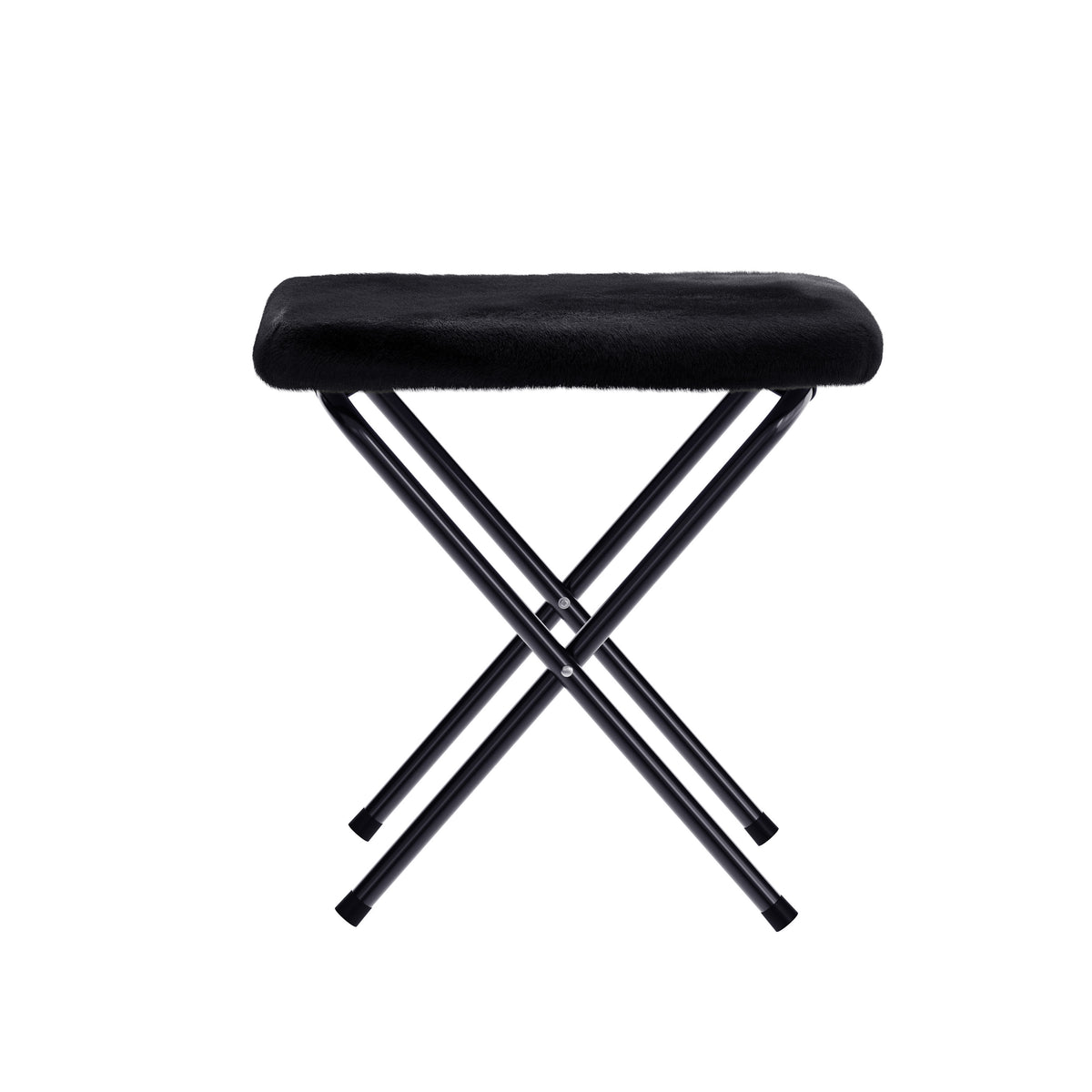 Black Fabric/Black Frame |#| Double Folding Faux Fur Saucer Chair with 2 Ottomans - Black/Black