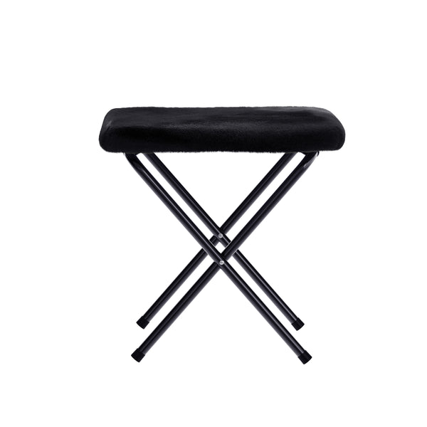 Black Fabric/Black Frame |#| Double Folding Faux Fur Saucer Chair with 2 Ottomans - Black/Black