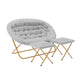 Gray Fabric/Soft Gold Frame |#| Double Folding Faux Fur Saucer Chair with 2 Ottomans - Gray/Soft Gold