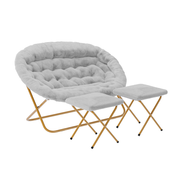 Gray Fabric/Soft Gold Frame |#| Double Folding Faux Fur Saucer Chair with 2 Ottomans - Gray/Soft Gold