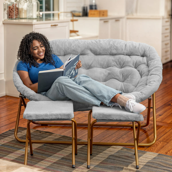 Gray Fabric/Soft Gold Frame |#| Double Folding Faux Fur Saucer Chair with 2 Ottomans - Gray/Soft Gold