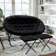 Black Fabric/Black Frame |#| Double Folding Faux Fur Saucer Chair with 2 Ottomans - Black/Black