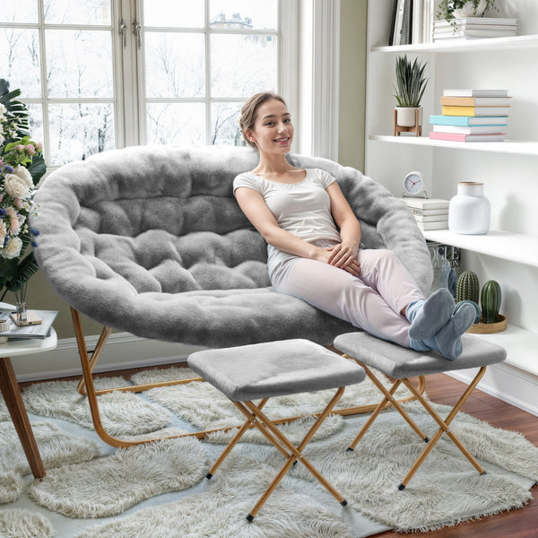 Gray Fabric/Soft Gold Frame |#| Double Folding Faux Fur Saucer Chair with 2 Ottomans - Gray/Soft Gold