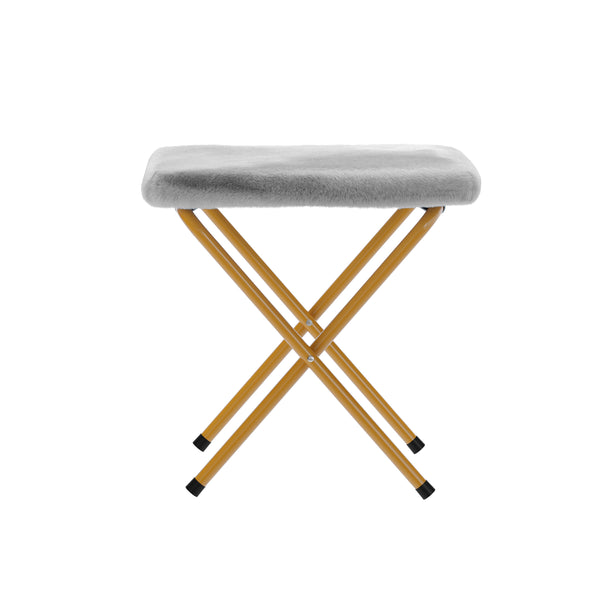 Gray Fabric/Soft Gold Frame |#| Double Folding Faux Fur Saucer Chair with 2 Ottomans - Gray/Soft Gold