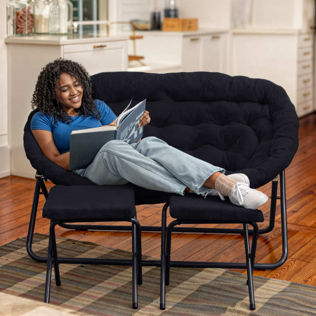 Black Fabric/Black Frame |#| Double Folding Faux Fur Saucer Chair with 2 Ottomans - Black/Black