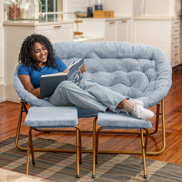 Aqua Fabric/Soft Gold Frame |#| Double Folding Faux Fur Saucer Chair with 2 Ottomans - Dusty Aqua/Soft Gold