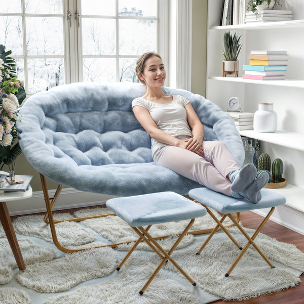 Aqua Fabric/Soft Gold Frame |#| Double Folding Faux Fur Saucer Chair with 2 Ottomans - Dusty Aqua/Soft Gold