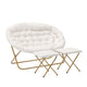 Ivory Faux Shearling Fabric/Soft Gold Frame |#| Double Folding Faux Shearling Saucer Chair with 2 Ottomans - Ivory/Soft Gold