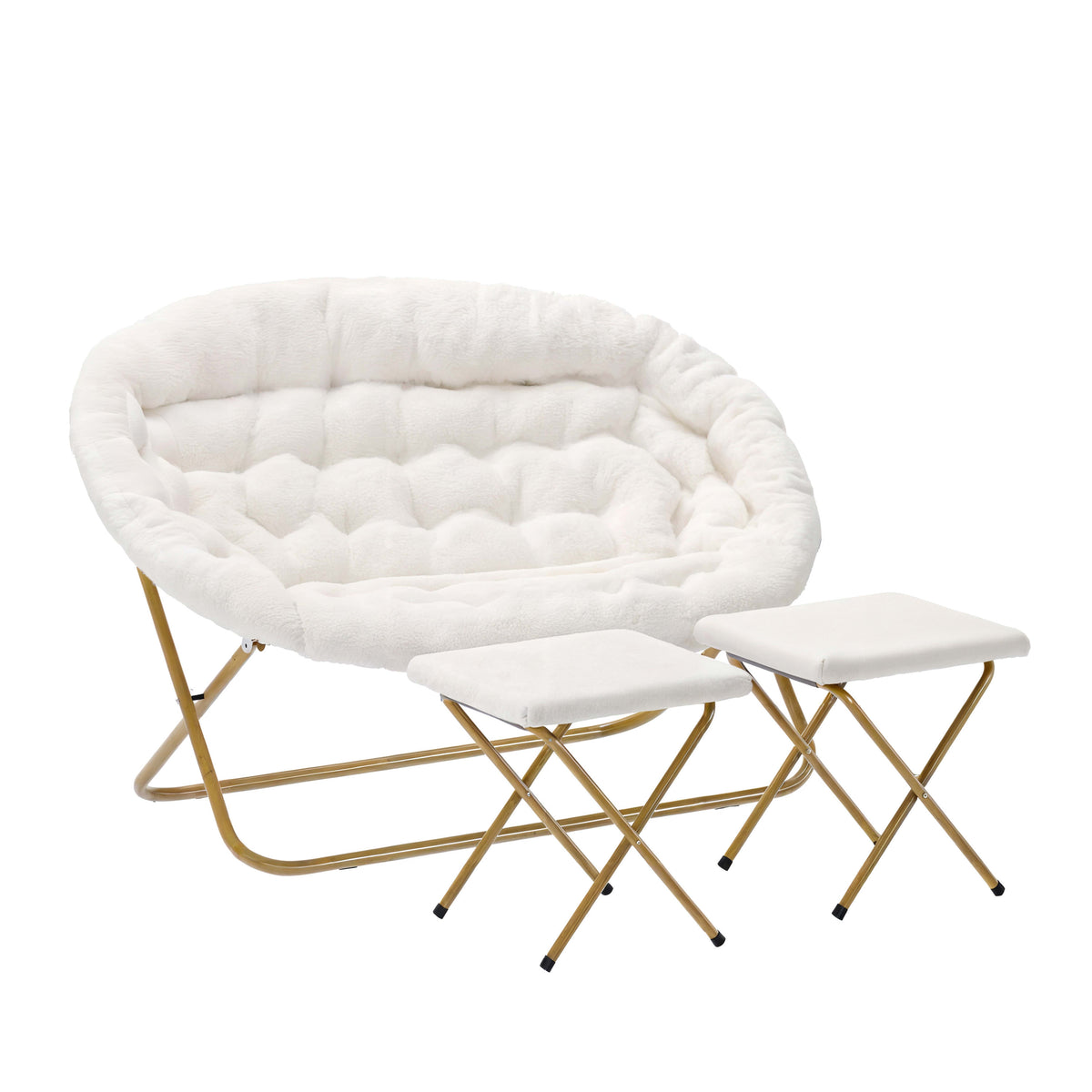 Ivory Faux Shearling Fabric/Soft Gold Frame |#| Double Folding Faux Shearling Saucer Chair with 2 Ottomans - Ivory/Soft Gold