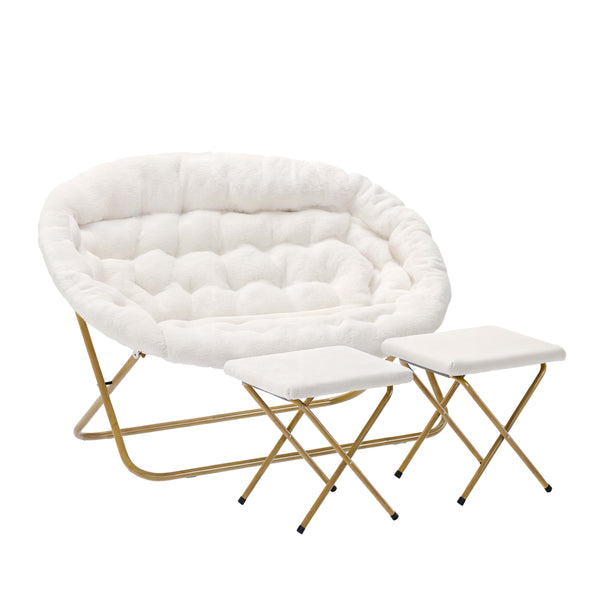 Ivory Faux Shearling Fabric/Soft Gold Frame |#| Double Folding Faux Shearling Saucer Chair with 2 Ottomans - Ivory/Soft Gold