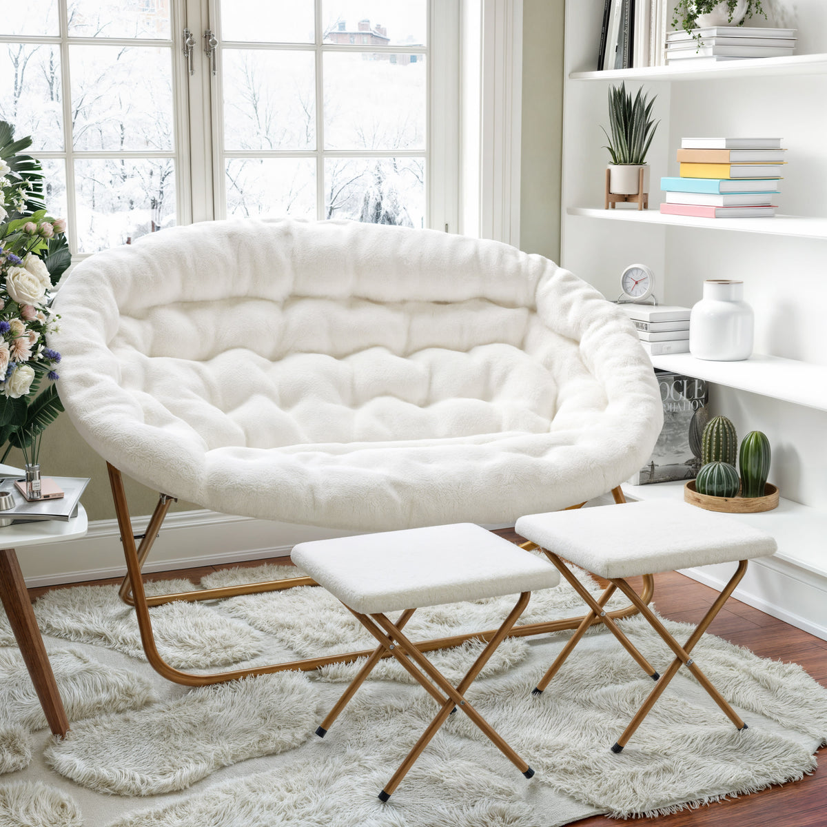 Ivory Faux Shearling Fabric/Soft Gold Frame |#| Double Folding Faux Shearling Saucer Chair with 2 Ottomans - Ivory/Soft Gold