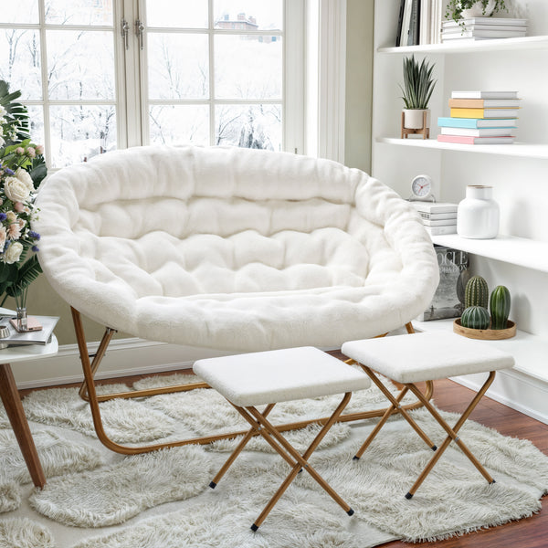 Ivory Faux Shearling Fabric/Soft Gold Frame |#| Double Folding Faux Shearling Saucer Chair with 2 Ottomans - Ivory/Soft Gold