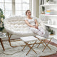 Ivory Faux Shearling Fabric/Soft Gold Frame |#| Double Folding Faux Shearling Saucer Chair with 2 Ottomans - Ivory/Soft Gold