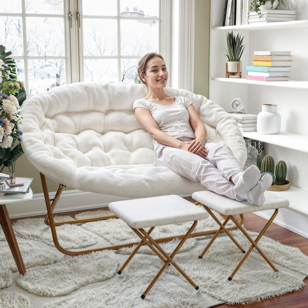 Ivory Faux Shearling Fabric/Soft Gold Frame |#| Double Folding Faux Shearling Saucer Chair with 2 Ottomans - Ivory/Soft Gold