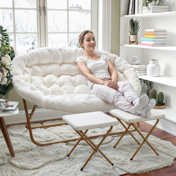 Ivory Faux Shearling Fabric/Soft Gold Frame |#| Double Folding Faux Shearling Saucer Chair with 2 Ottomans - Ivory/Soft Gold