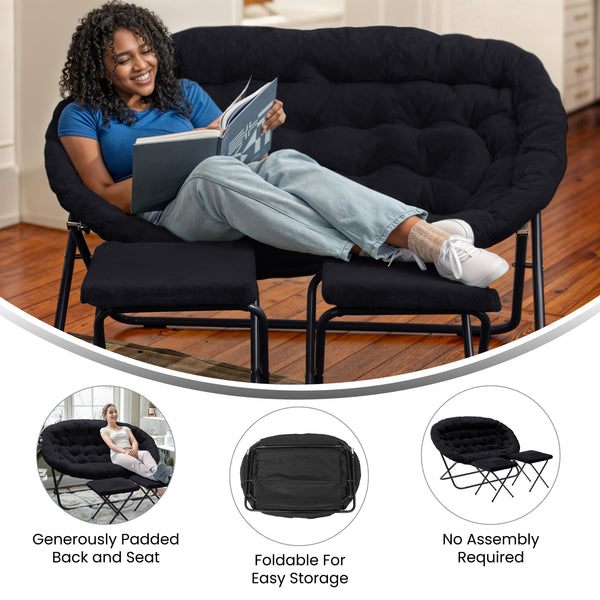 Black Fabric/Black Frame |#| Double Folding Faux Fur Saucer Chair with 2 Ottomans - Black/Black