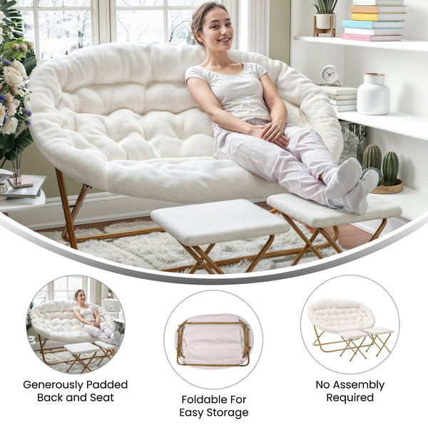 Ivory Faux Shearling Fabric/Soft Gold Frame |#| Double Folding Faux Shearling Saucer Chair with 2 Ottomans - Ivory/Soft Gold