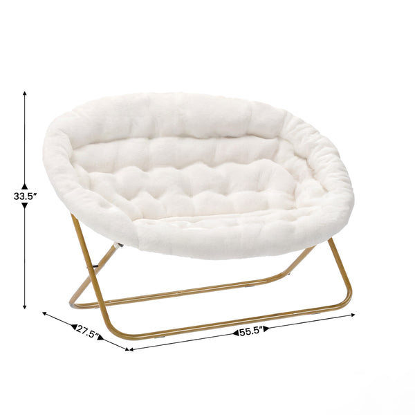 Ivory Faux Shearling Fabric/Soft Gold Frame |#| Double Folding Faux Shearling Saucer Chair with 2 Ottomans - Ivory/Soft Gold
