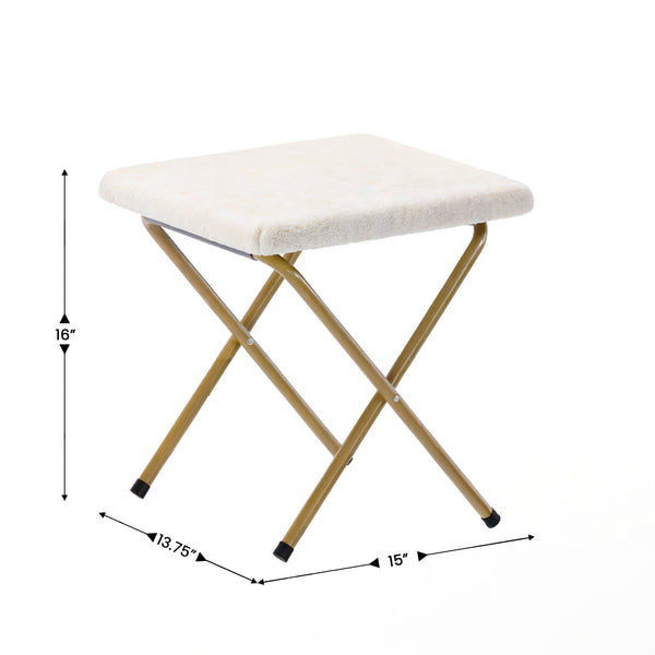 Ivory Faux Shearling Fabric/Soft Gold Frame |#| Double Folding Faux Shearling Saucer Chair with 2 Ottomans - Ivory/Soft Gold