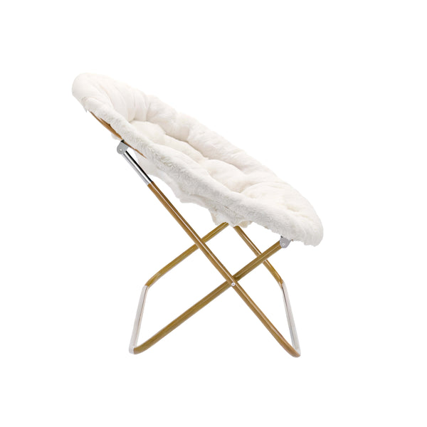 Ivory Faux Shearling Fabric/Soft Gold Frame |#| Double Folding Faux Shearling Saucer Chair with 2 Ottomans - Ivory/Soft Gold