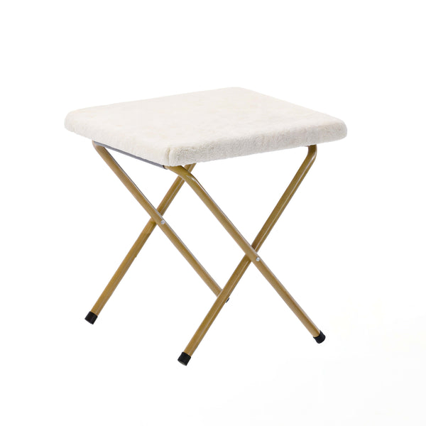 Ivory Faux Shearling Fabric/Soft Gold Frame |#| Double Folding Faux Shearling Saucer Chair with 2 Ottomans - Ivory/Soft Gold