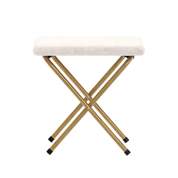 Ivory Faux Shearling Fabric/Soft Gold Frame |#| Double Folding Faux Shearling Saucer Chair with 2 Ottomans - Ivory/Soft Gold