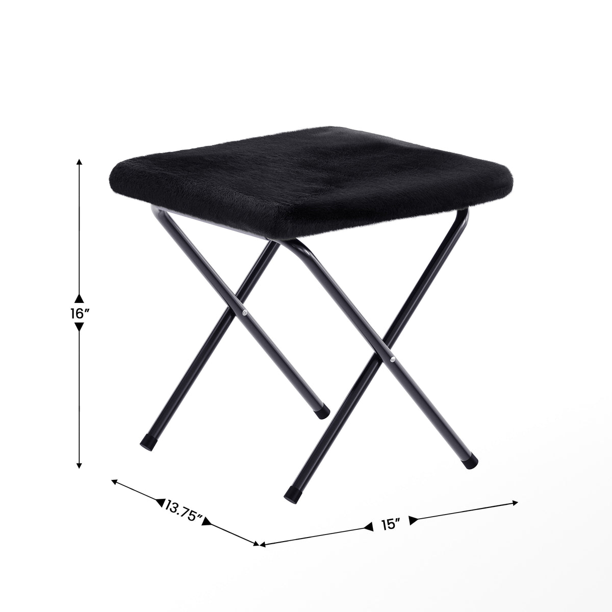 Black Fabric/Black Frame |#| Double Folding Faux Fur Saucer Chair with 2 Ottomans - Black/Black