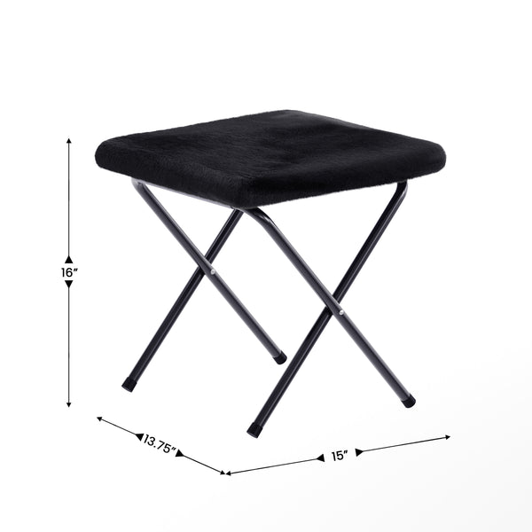 Black Fabric/Black Frame |#| Double Folding Faux Fur Saucer Chair with 2 Ottomans - Black/Black