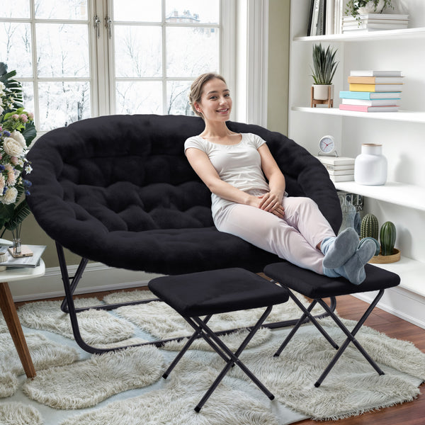 Black Fabric/Black Frame |#| Double Folding Faux Fur Saucer Chair with 2 Ottomans - Black/Black
