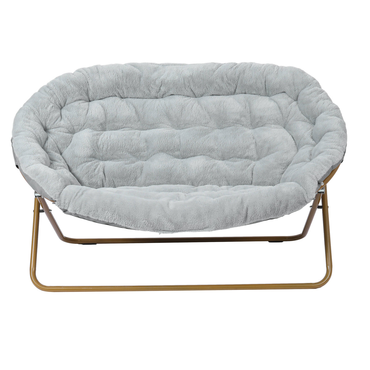 Gray Fabric/Soft Gold Frame |#| Folding Faux Fur Double Saucer Chair with Steel Frame - Gray/Soft Gold