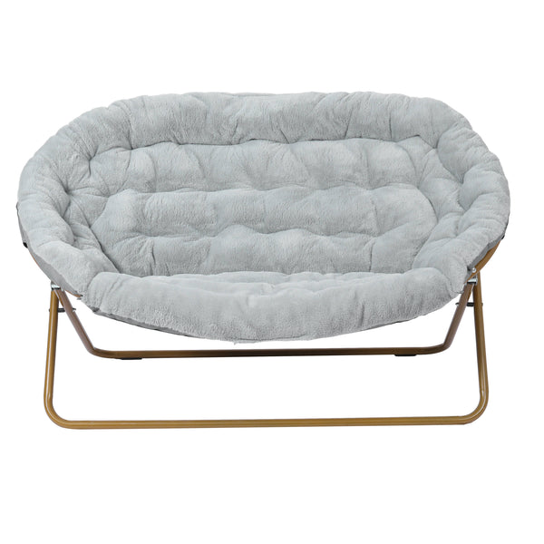 Gray Fabric/Soft Gold Frame |#| Folding Faux Fur Double Saucer Chair with Steel Frame - Gray/Soft Gold