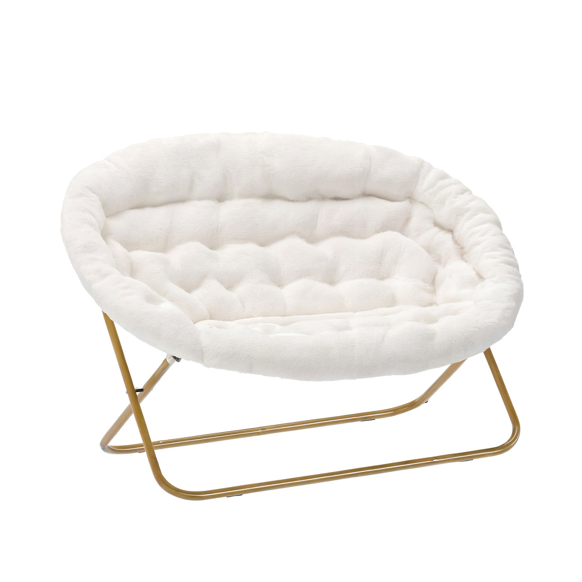 Ivory Faux Shearling Fabric/Soft Gold Frame |#| Folding Faux Shearling Double Saucer Chair with Steel Frame - Ivory/Soft Gold